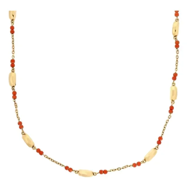 Vintage 18k Yellow Gold Coral Bead & Bar Link Necklace 32″ long