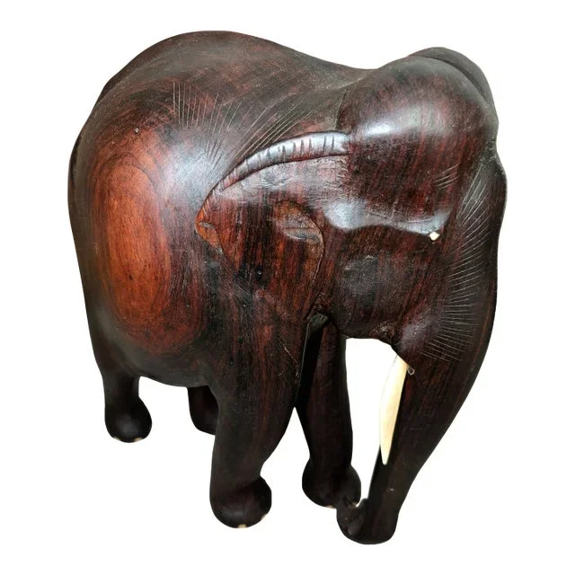 Vintage 1950s Hand Carved Handmade Dark Rosewood Wood Large Elephant Sculpture Statue Figurine