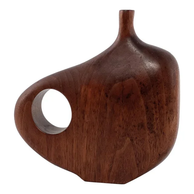 Vintage 1960s Modernist Walnut Biomorphic Sculptural Japanese Ikebana Vase Signed 柑山 Kayama