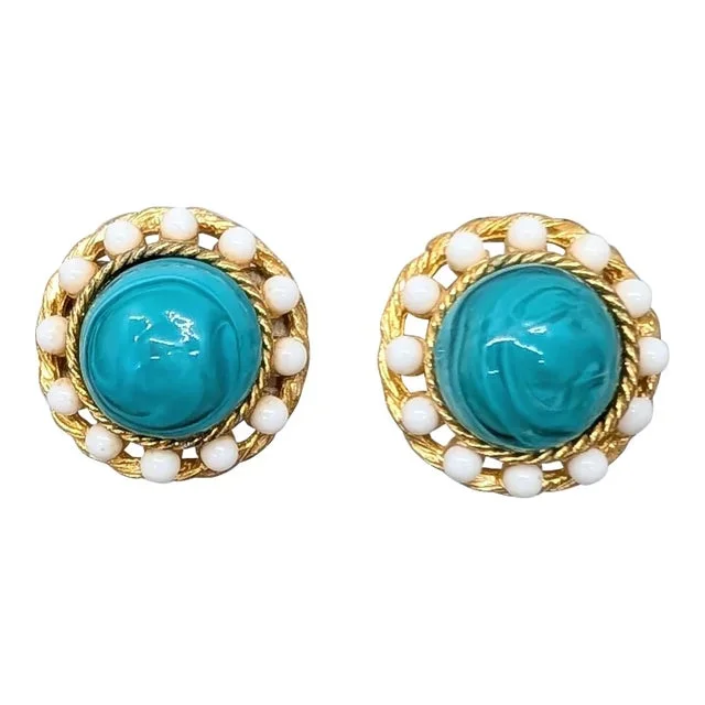 Vintage 1960s Signed Castlecliff Round Cabochon Faux-Turquoise & White Rhinestone Clip Earrings-2 Pieces