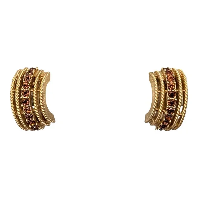 Vintage 1960s Signed Crown Trifari Goldtone Faux-Topaz Clip Earrings-2 Pieces