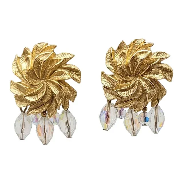 Vintage 1960s Signed Napier Book Piece Goldtone Flower Aurora Borealis Drops Clip Earrings- 2 Pieces