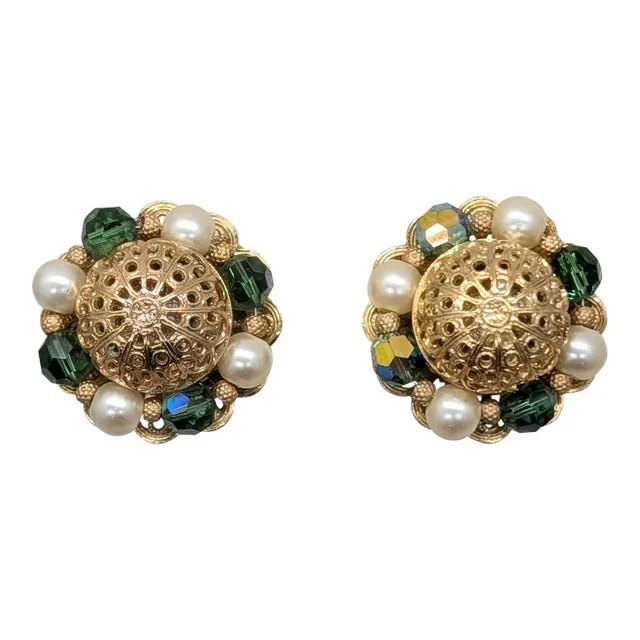 Vintage 1960s Signed Napier Green Aurora Borealis & Faux-Pearl Clip Earrings- 2 Pieces
