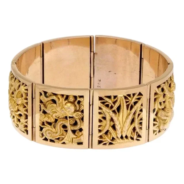 Vintage 20k & 17k Yellow Gold Embossed Floral Style Wide Rectangle Link Bracelet