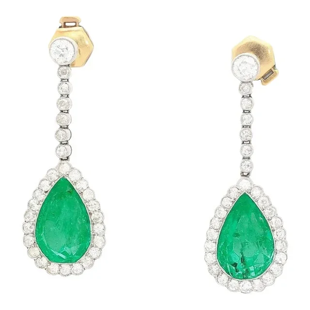 Vintage Agl Certified 10 Carat Colombian Emerald Pear Cut Drop Platinum Earrings – 2 Pieces
