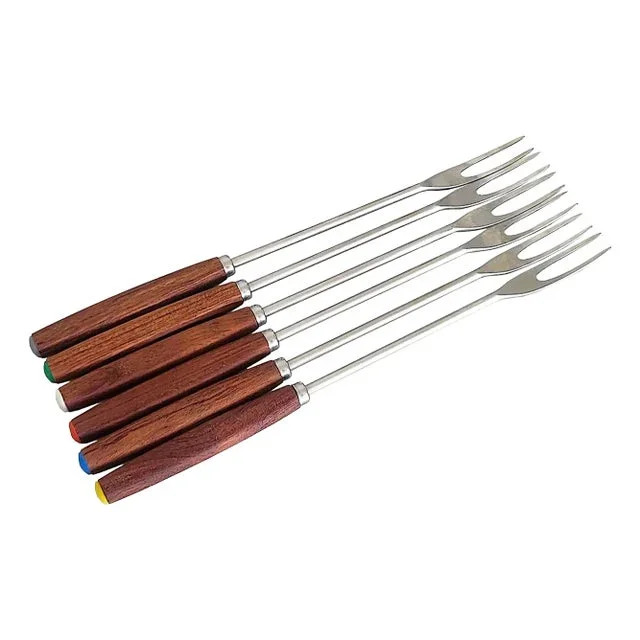 Vintage Alessi Teak Wood and Stainless Steel Fondue Forks, Boxed Set of 6