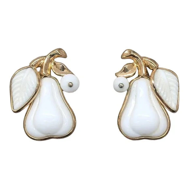 Vintage Alfred Philippe for Crown Trifari White Thermoset Pear Clip Earrings, 1954- 2 Pieces