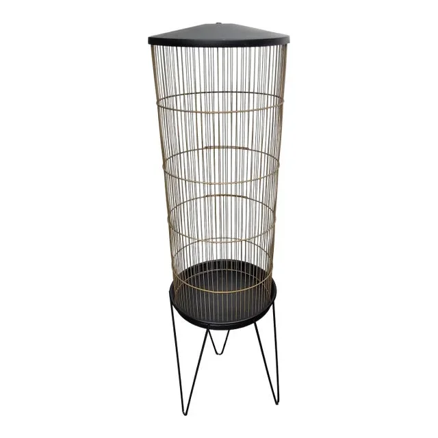 Vintage Black Atomic Cylinder Bird Cage Floor Stand on Hairpin Legs