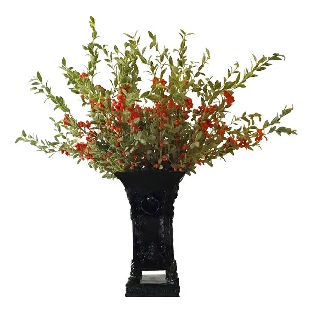 Vintage Black Painted Urn With Decorative Winter Berries and Greens