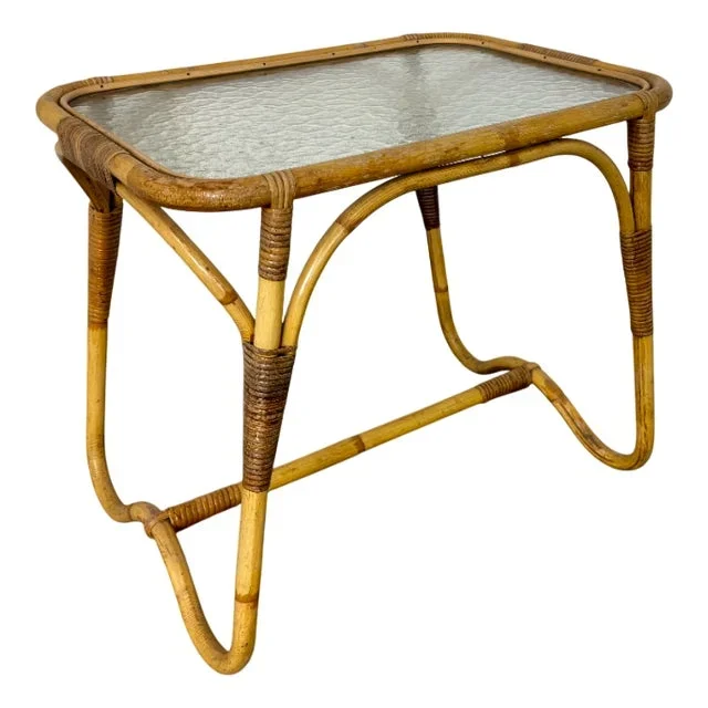 Vintage Bohémien Rattan Bamboo and Glass Side Table from Rohé Noordwolde, 1950s