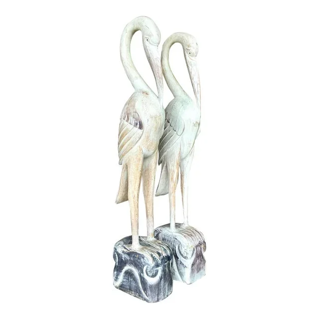 Vintage Boho Carved Wood Crane Statues – a Pair