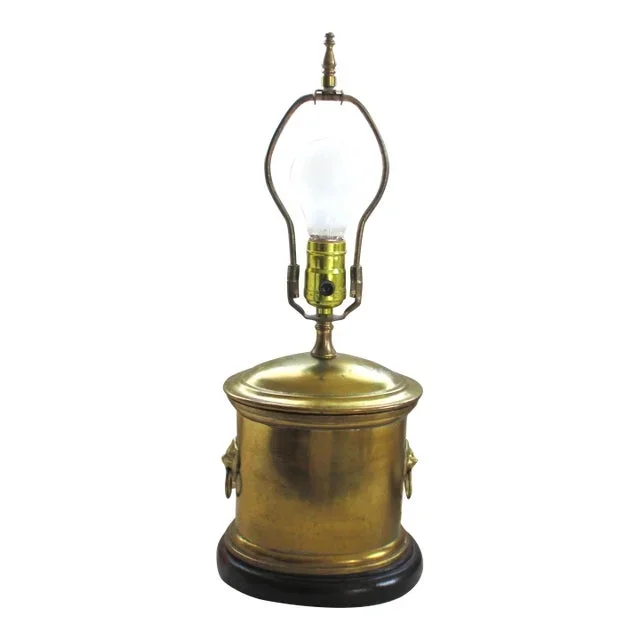 Vintage Brass Table Lamp With Lion Handles on Wood Base
