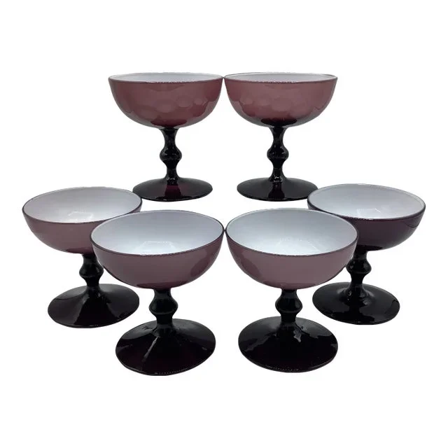Vintage Carlo Moretti Italy Purple White Cased Glass Champagne Coupes – Set of 6