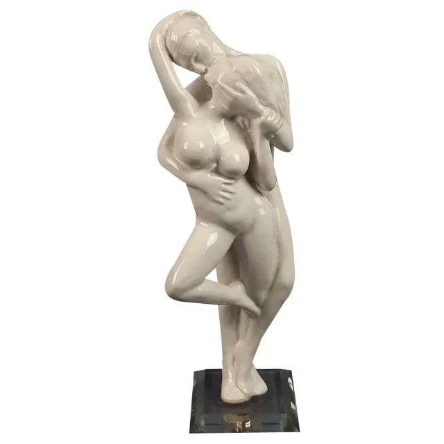 Vintage Ceramic Sculpture of Couple in Love with Glass Base, 1970s
