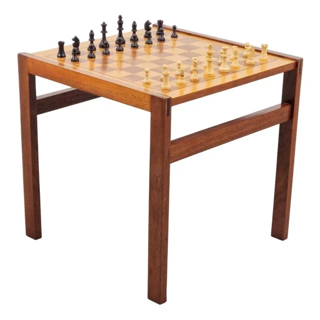 Vintage Chessboard Side Table and Chess Pieces, 1970s