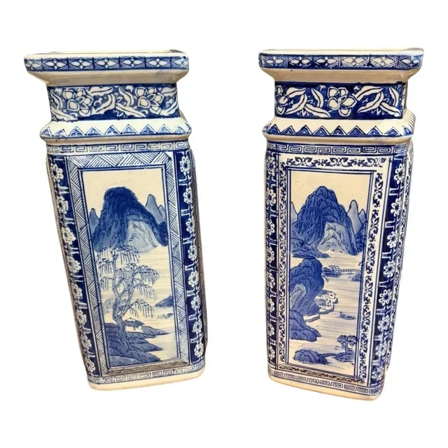 Vintage Chinese Qianlong Style Blue and White Porcelain Vases- a Pair