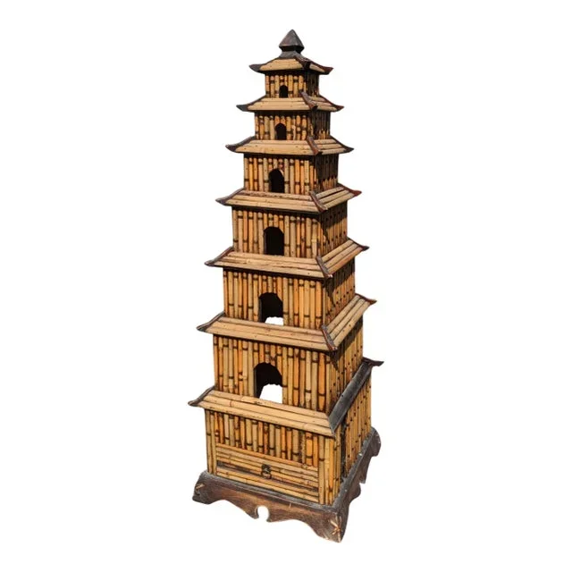Vintage Chinoiserie Rattan Split Reed Bamboo Pagoda Bird House