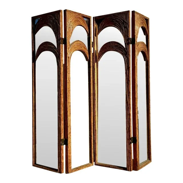Vintage Coastal Arched Split Reed Palm Mirrored Screen