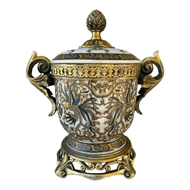 Vintage Early-Mid 20th Century Hand Painted White, Blue & Gold Porcelain and Brass Urn With Lid