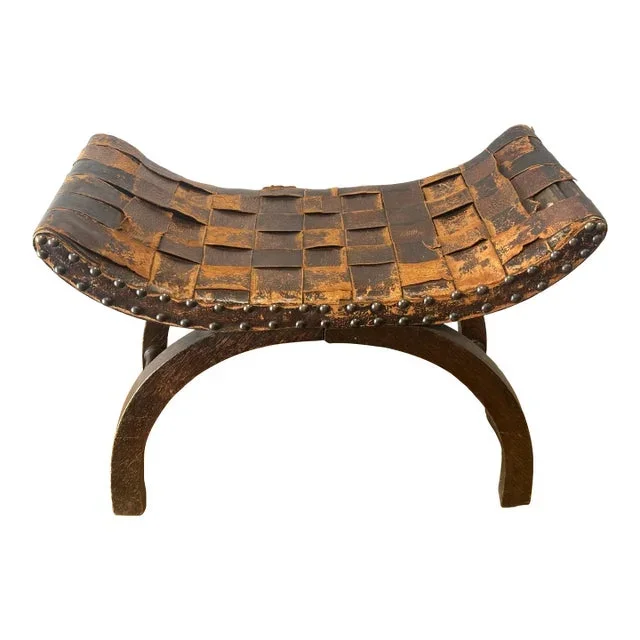 Vintage English Curule Bench With Woven Leather Top