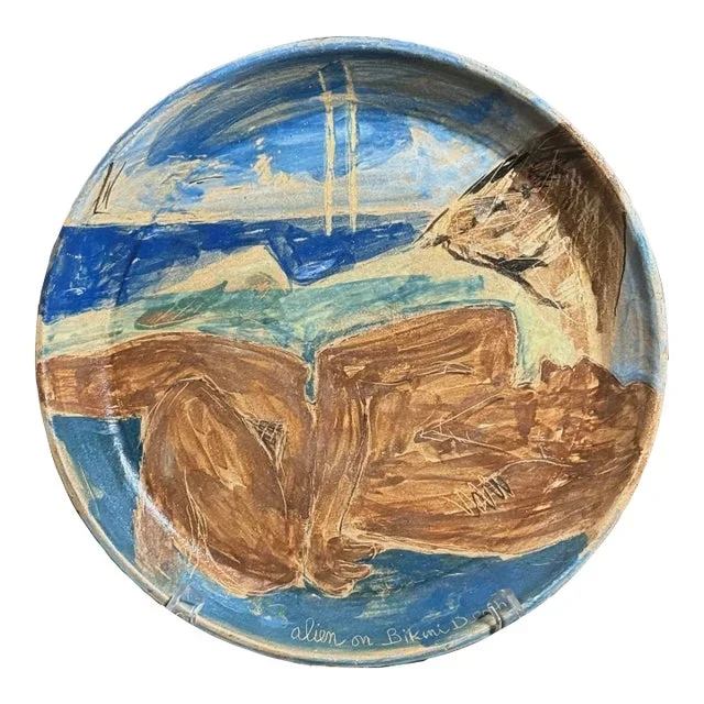 Vintage Expressionist Figurative ‘Alien on Bikini Beach’ Art Plate by Raymonde Desabres, Signed (C. 1968)