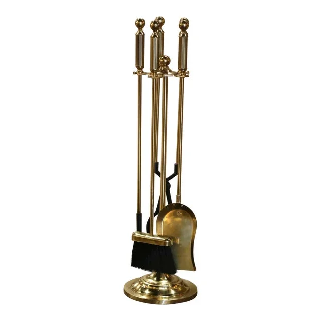 Vintage French Brass Fireplace Four-Piece Tool Set on Stand