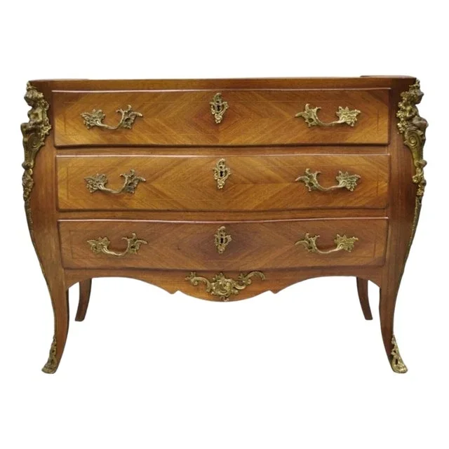 Vintage French Louis XV Style Bombe Commode Dresser Chest of Drawers W/ Cherubs