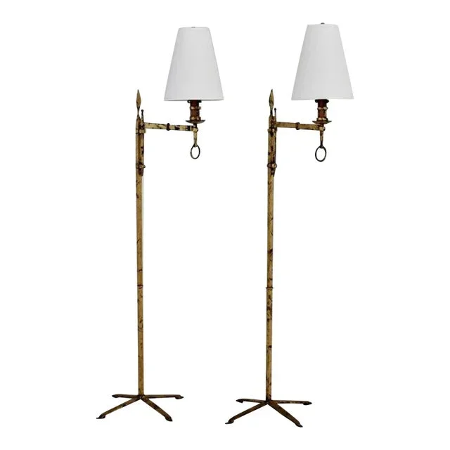 Vintage Gilt Iron Swing Arm Floor Lamps, Circa 1940s