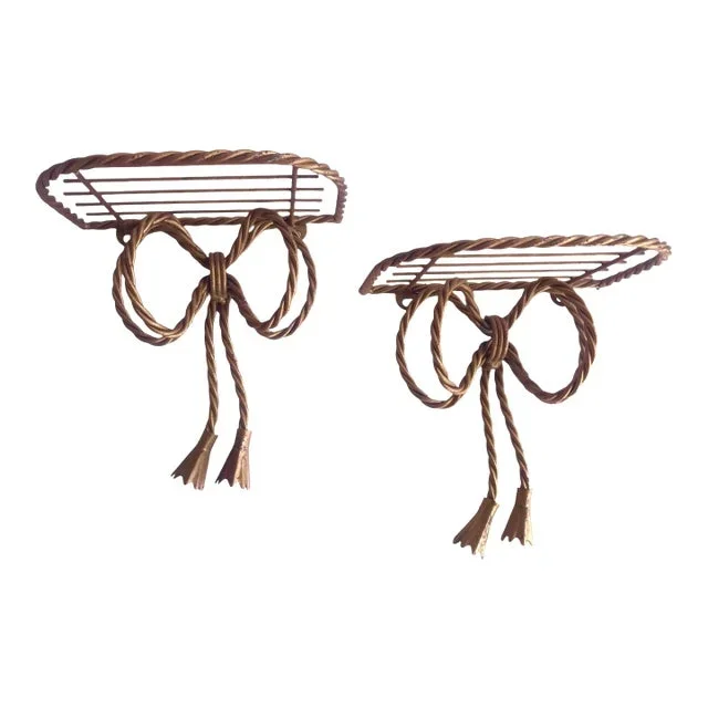 Vintage Gold Metal Twisted Bow Tassel Design Wall Shelves- A Pair