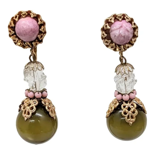 Vintage Hobe Pink & Clear Beads With Green Moonglow Drop Clip Earrings-2 Pieces