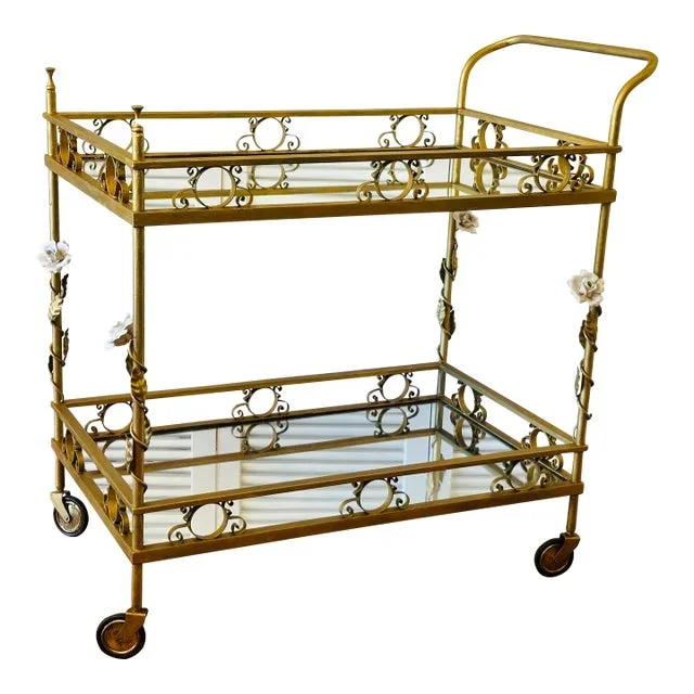 Vintage Italian Gilded Metal Service Cart With Sculptural Rose Stems