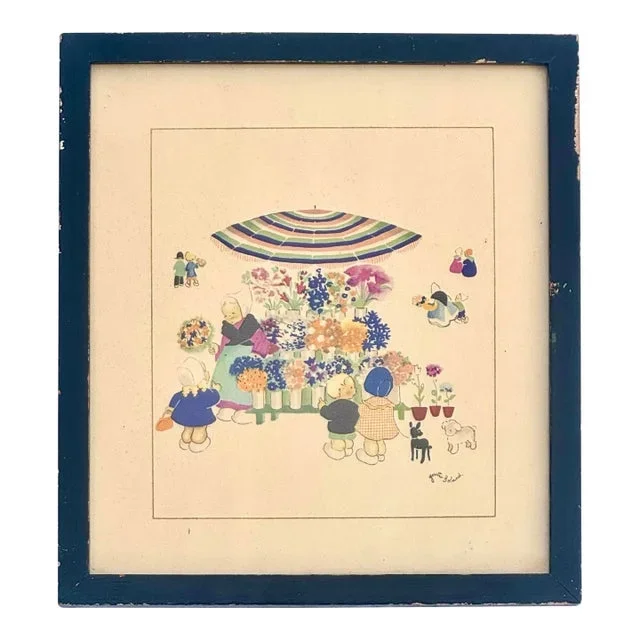 Vintage Lithograph Print by Gisele Boland – Framed Parisian Flower Market Scene