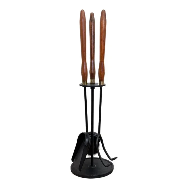 Vintage MCM Teak and Iron Fireplace Tools on Stand