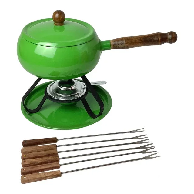 Vintage Mid Century Modern Gourmet Fondue Set Green Enamel- 12 Pieces
