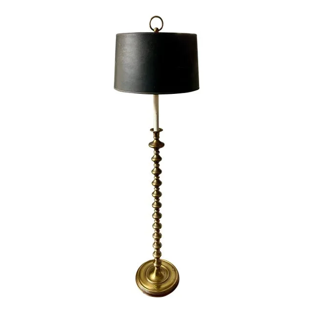 Vintage Mid-Century Modern Hollywood Regency Gold Stacked Orb Floor Lamp With Black Hardback Drum Shade