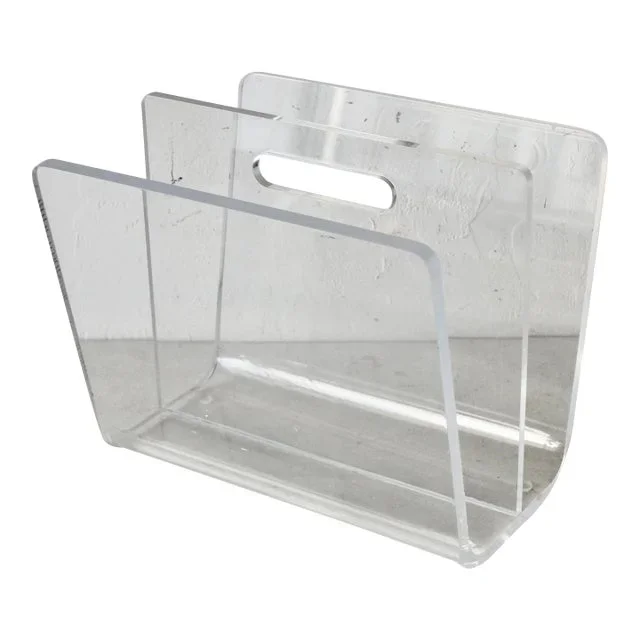 Vintage Modern Heavy Lucite Acrylic Two Section Magazine Holder Built-in Handle