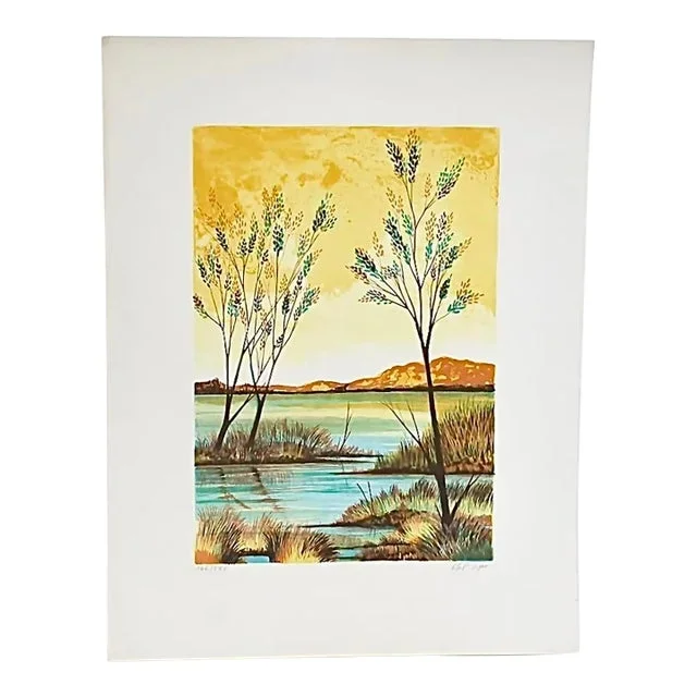 Vintage Original Vitali Orfeo Lithograph | Shoreline Landscape