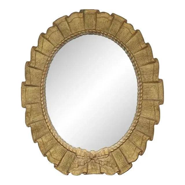 Vintage Oval Louis XVI Giltwood Table Mirror With Bow and Trompe l’Oeil Accents