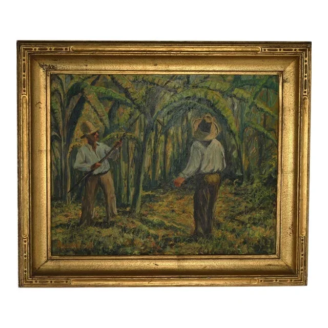 Vintage Painting on Board Titled “Harvesting Bananas” by Andrew Roswall 1938