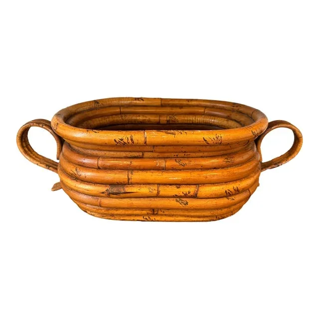 Vintage Rattan Bentwood Planter With Handles