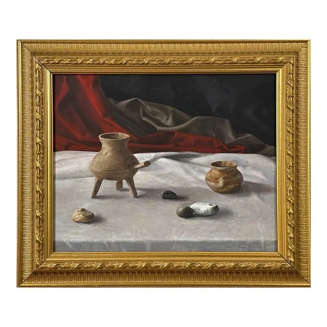 Vintage Realist Still Life With Stones and Ceramic Vessels, Signed (Oil on Canvas)
