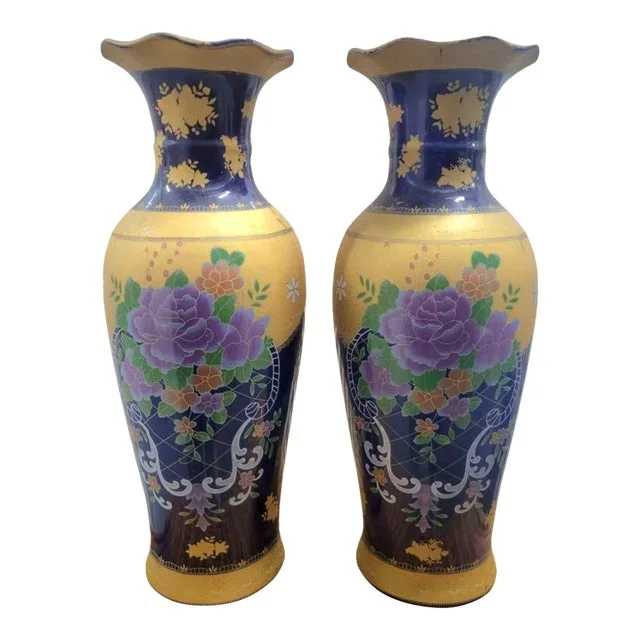 Vintage Tall Chinoiserie Navy, Purple Gold Floral Vases- A Pair