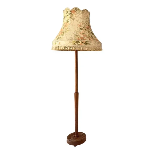 Vintage Teak Floor Lamp with Large Fringed Shade