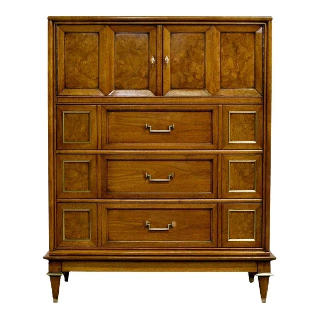 Vintage Transitional Burlwood Brass Highboy Gentleman’s Chest Dresser by Mastercraft