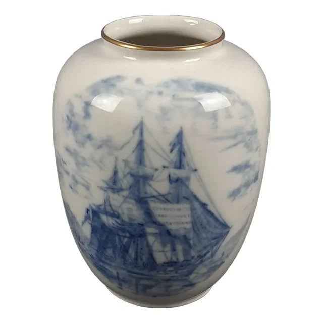 Vintage Verbano Ceramic Vase with Naval Theme in White & Blue, Italy, 1950s