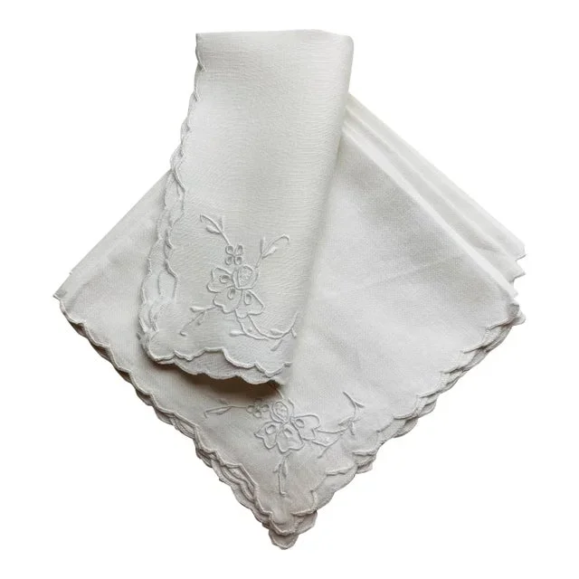 Vintage White Linen Embroidered Cocktail Napkins, Set of 6