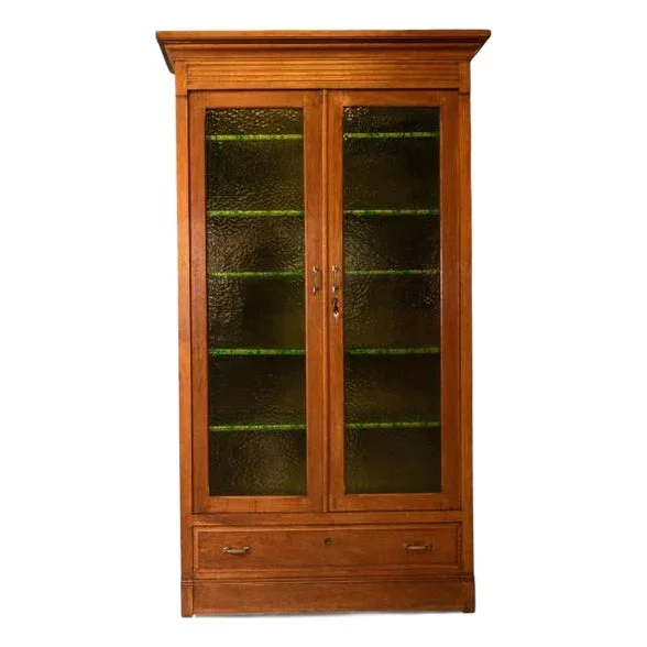 Vintage Wood Display Cabinet with Etched Glass, Early 1900s