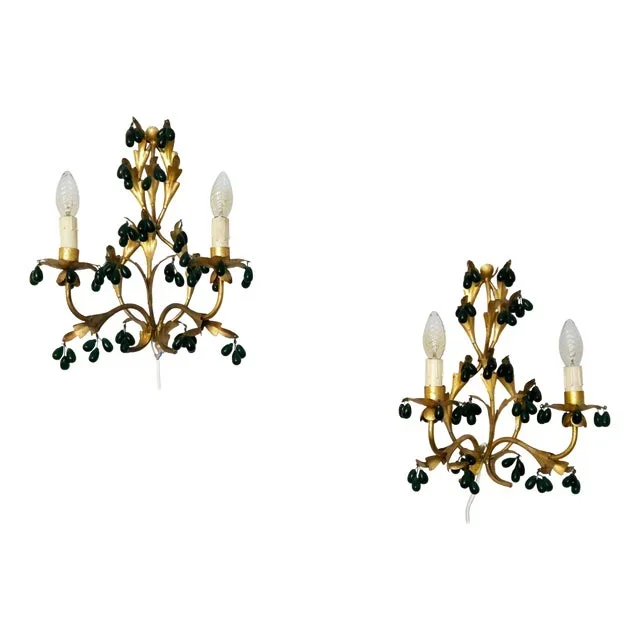 Wall Lights in Gilted Metal with Green Glass Drops, 1890s, Set of 2