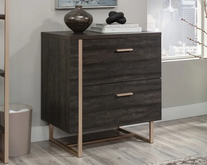 Walter Heights 2-Drawer Lateral File Cabinet in Blade Walnut with Champagne Gold Base – Legal/Letter File Storage, Safety Mechanism & Full Extension Drawers