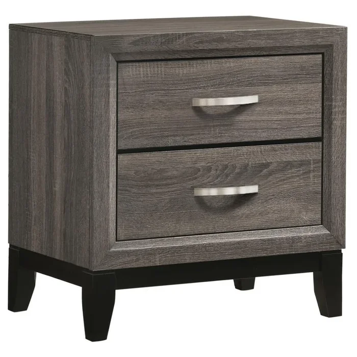 Watson 2-Drawer Nightstand in Gray Oak – Mid-Century Modern Design with Black Tapered Legs, Half-Moon Pulls & Contemporary Color Blocking